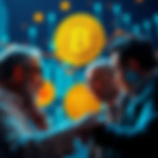 British investors discussing Bitcoin and Ether, with digital currency symbols in the background