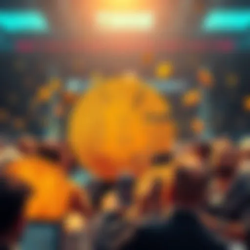 A shattered Bitcoin symbol surrounded by disappointed investors looking concerned about the future of cryptocurrency.