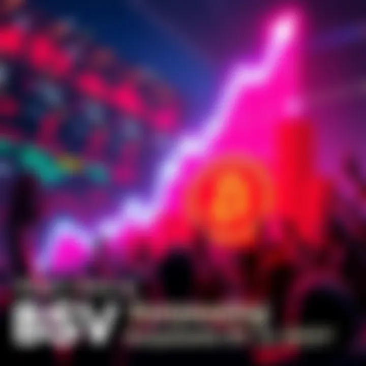 A graph showing BSV rising above BTC in value with a shocked crowd in the background