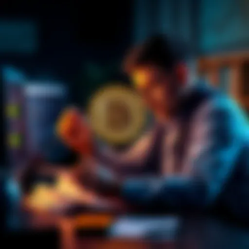 A person analyzing Bitcoin and loan paperwork, contemplating a BTC-backed loan on a computer.