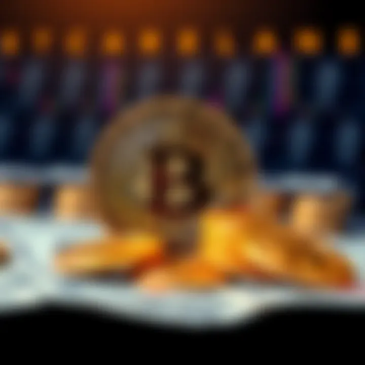 A graphic showing a Bitcoin symbol with dollar bills and stablecoins, illustrating the concept of BTC backed loans.