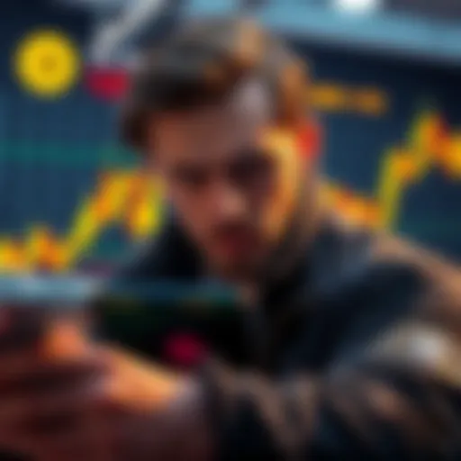 A trader looks at a Bitcoin price chart, displaying fluctuating values with a puzzled expression.