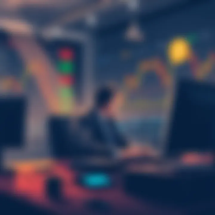 Illustration of a trader at a desk with Bitcoin charts, showing a downward trend, representing market manipulation.