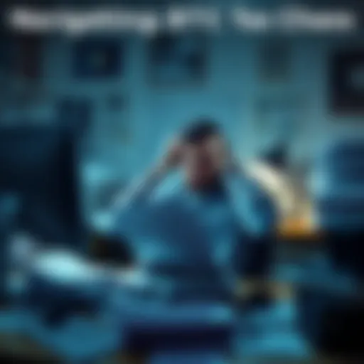 A person sitting at a desk surrounded by tax documents and a computer, looking confused and worried about Bitcoin taxes.