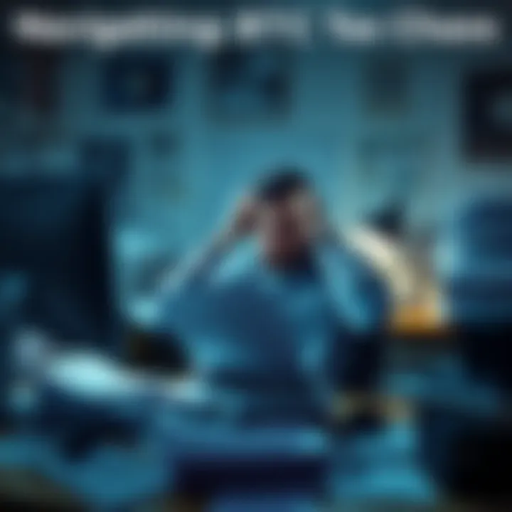 Person stressed over tax paperwork A person sitting at a desk surrounded by tax documents and a computer, looking confused and worried about Bitcoin taxes.