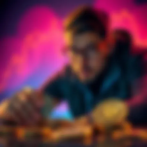A person contemplating the trade of Bitcoin for Ethereum with coins in front of them