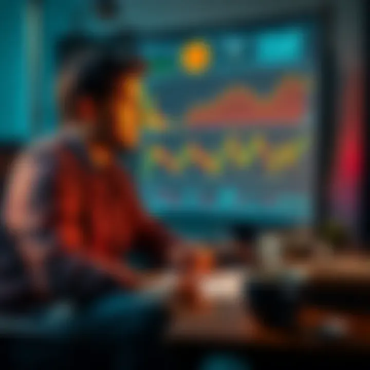 A person looking stressed while analyzing BTC trading charts on a computer, surrounded by notes and coffee cups.