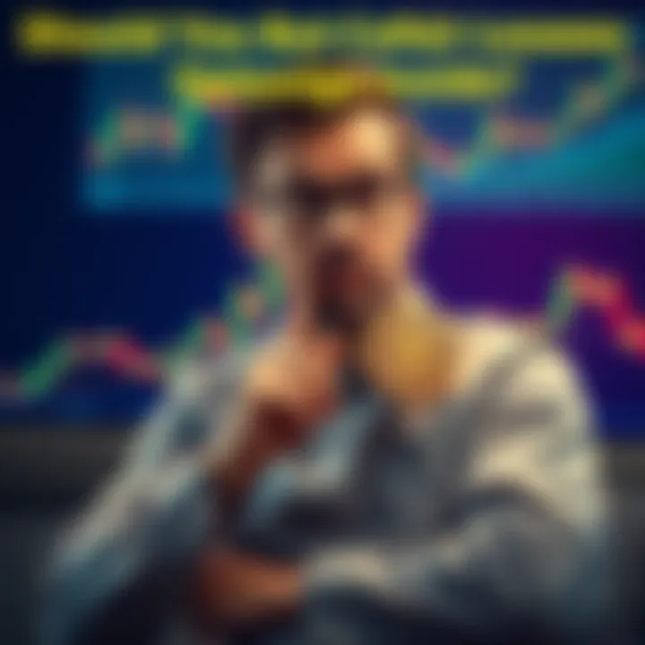 An investor pondering whether to sell Bitcoin or wait for a market change, with charts and graphs in the background.