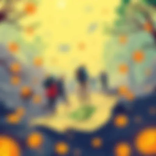 Illustration of people searching for hidden Bitcoin prizes with treasure maps and trade symbols