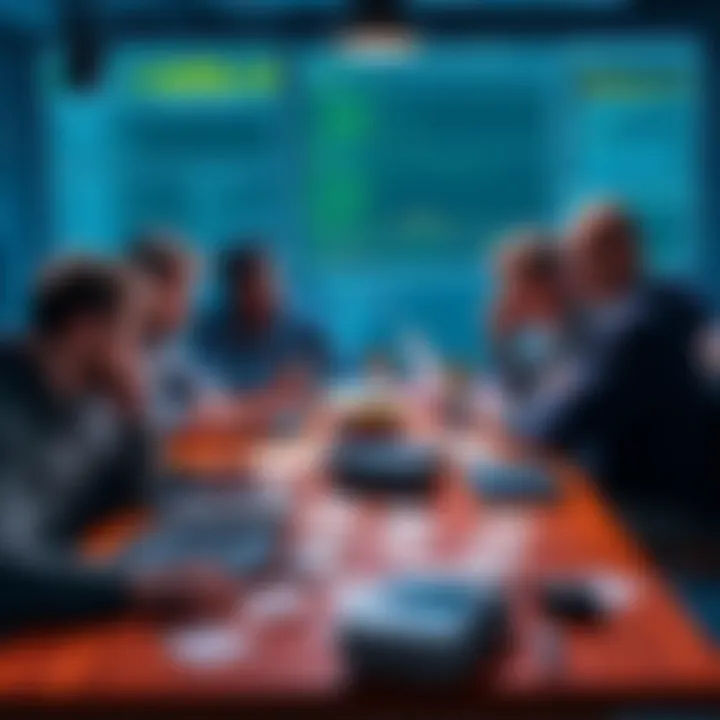 Bug Hunters Discuss Pay Challenges A group of bug hunters sitting around a table, looking frustrated while discussing the difficulties of getting paid for their reports. Papers and laptops are scattered on the table, highlighting the t...