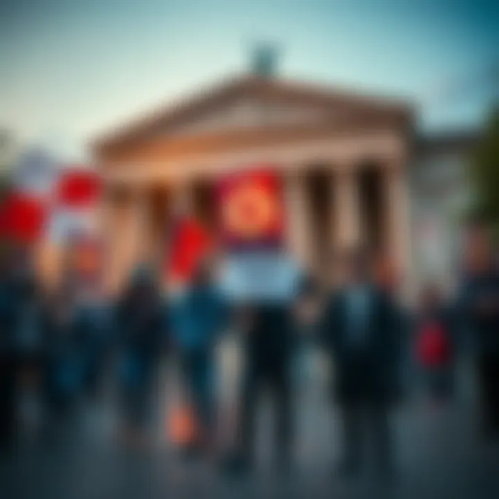 BULL BITCOIN Legal Battle BULL BITCOIN representatives standing outside the French court, holding banners against DAC8 legislation, with a crowd of supporters behind them.