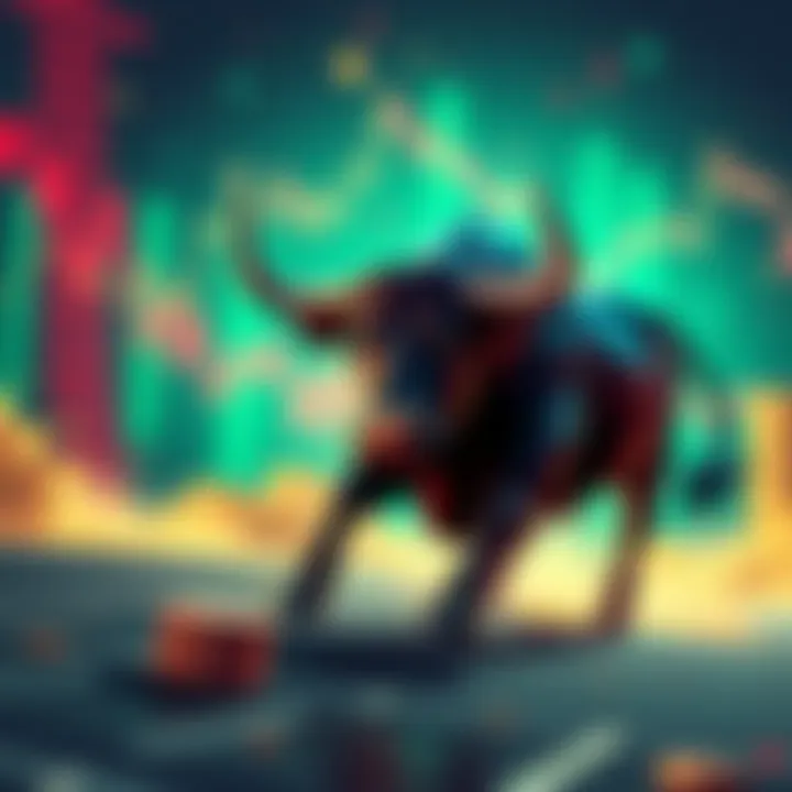 A bull charging forward with a backdrop of fluctuating cryptocurrency graphs, symbolizing uncertainty in the market.
