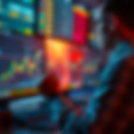 A person analyzing stock trends on a computer screen with upward graphs, contemplating investment strategies like Dollar Cost Averaging.