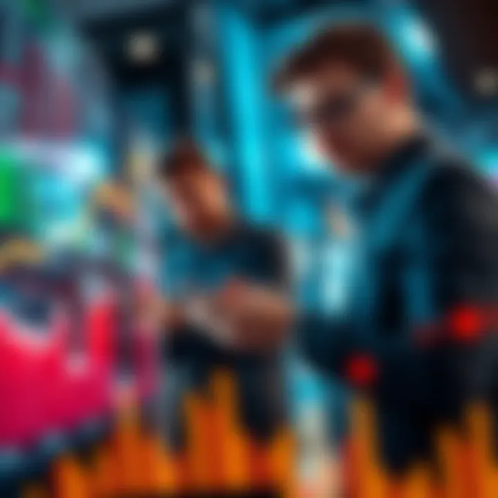 A graph showing upward market trends with optimistic investors analyzing data