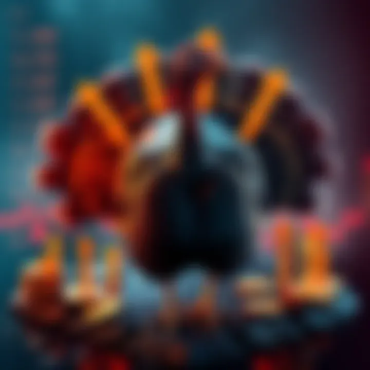 A turkey symbolizing market gains with upward arrows and coins around it