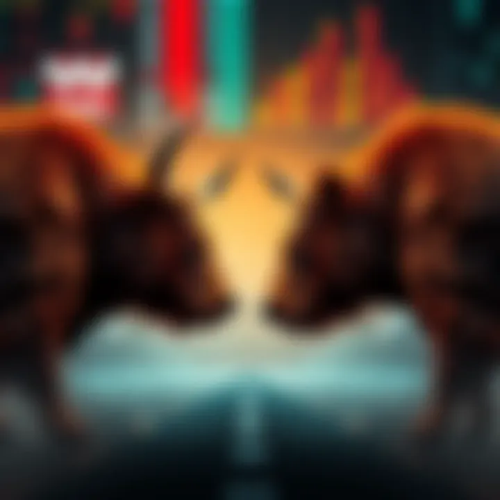 Bulls and Bears in Market Standoff A bull and a bear face off in a financial market scene, symbolizing the clash between market optimism and pessimism.