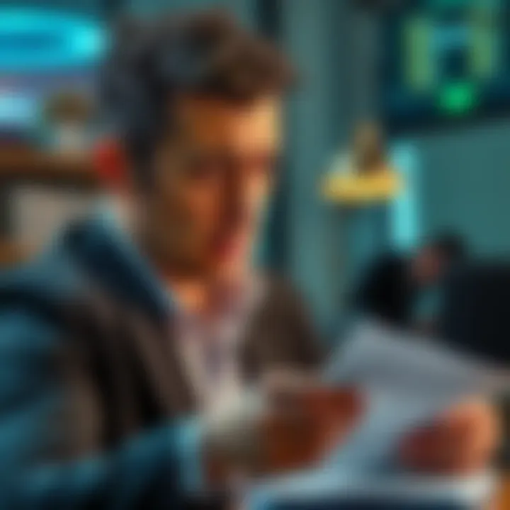 A business owner looks worried while checking financial papers, indicating a crisis due to frozen funds in Revolut accounts.