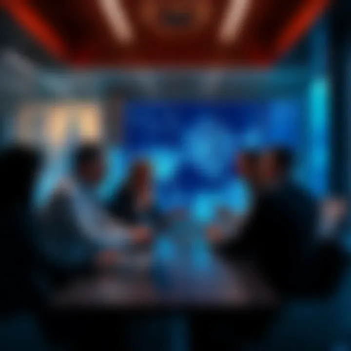 Business experts discussing customized blockchain solutions in a meeting room