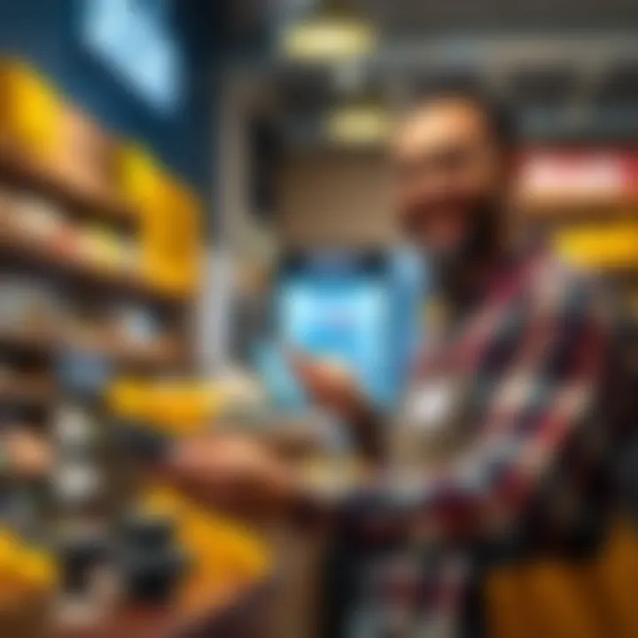 Business Owner Accepting Bitcoin Payments A business owner smiling while using a digital device to accept Bitcoin payments in a shop