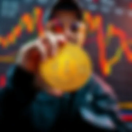 A passionate Bitcoin enthusiast holding a Bitcoin symbol in front of financial charts, representing their belief in cryptocurrency and anti-fiat sentiment.