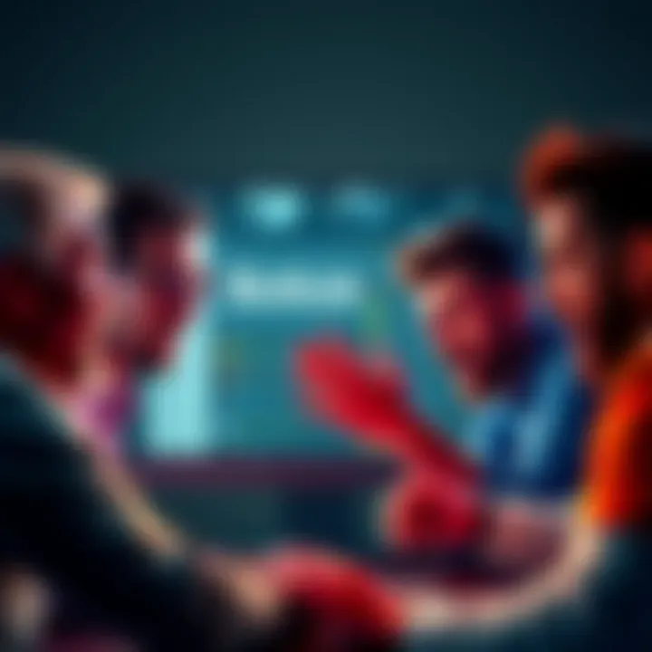 A group of people intensely discussing on a computer screen representing an online forum, showcasing expressions of frustration and humor.