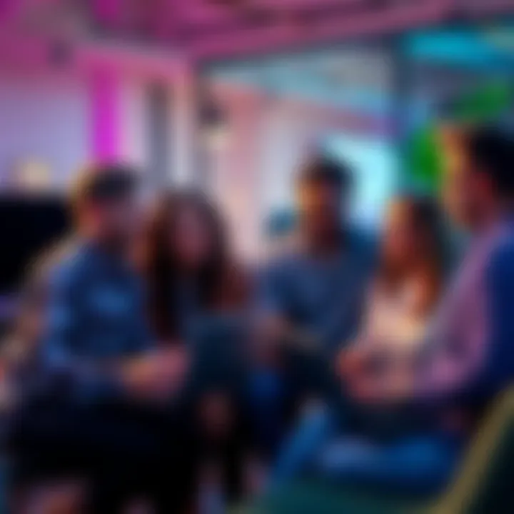 A group of people engaging in discussion and critique with laptops in a casual setting, smiling and supporting each other.