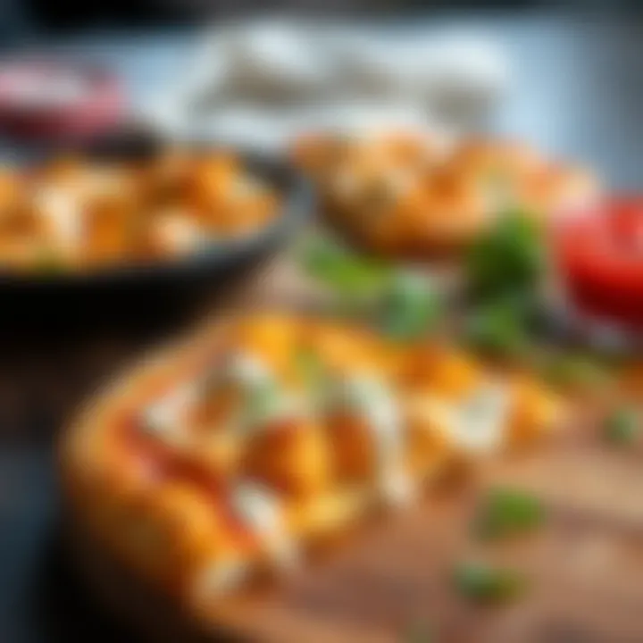A slice of butter chicken pizza topped with creamy sauce and spices, served on a wooden board.