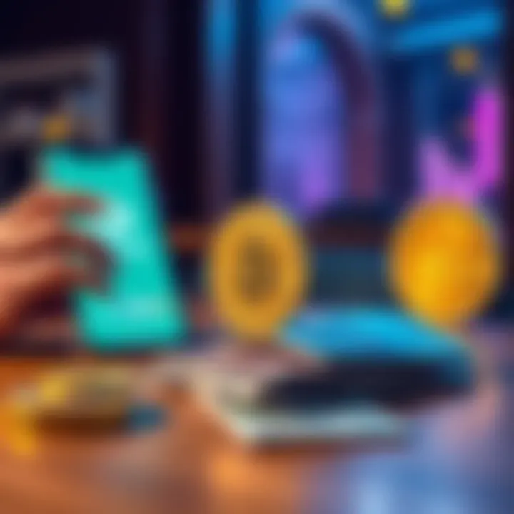 A person using a smartphone to buy Bitcoin using the Revolut app and cash on a table with a Bitcoin logo in the background.