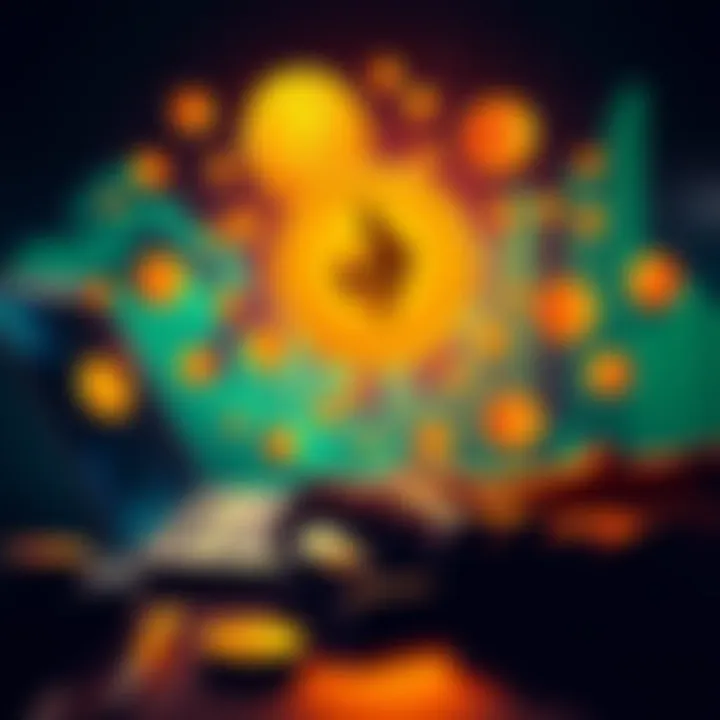 A person using a laptop to purchase Monero with Bitcoin, surrounded by cryptocurrency symbols.