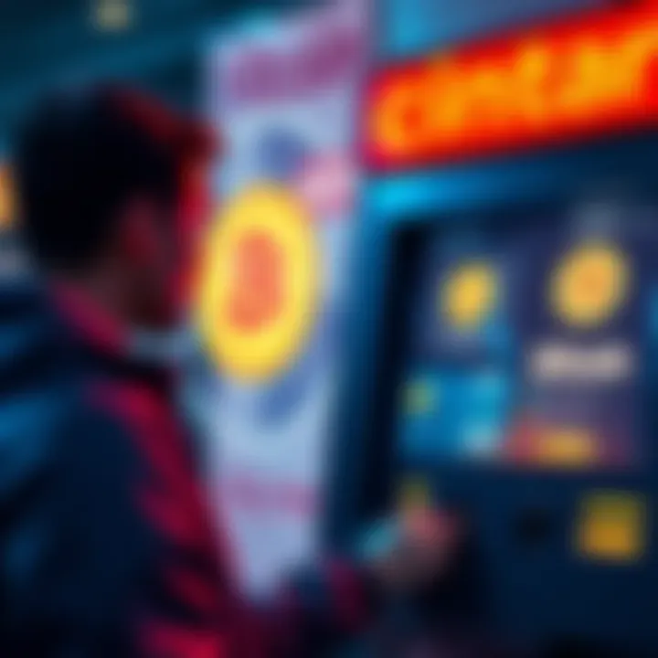 A person using a Coinstar kiosk to buy Bitcoin with cash, with a screen showing Bitcoin options