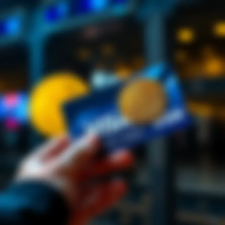 A person holding a Visa gift card next to a Bitcoin symbol, representing the purchase process.