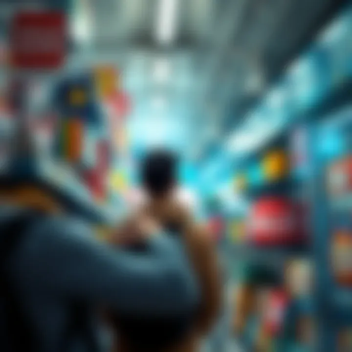 A person looking at a store filled with sale signs and discounted items, ready to make a purchase