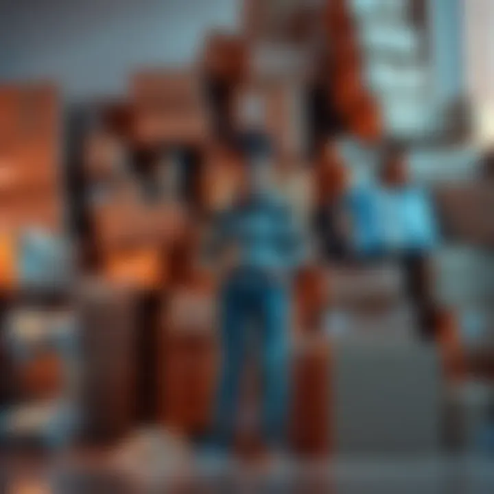 A stressed buyer standing next to a pile of unopened parcels, looking confused and worried about the extra items they purchased.