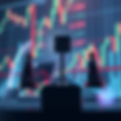 A visual representation of buyers and sellers in a trading market, showing a balance between the two during a market dip, with fluctuating cryptocurrency charts in the background.