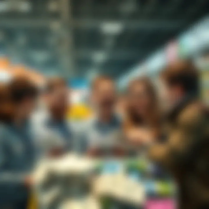 A group of buyers excitedly reviewing low-priced market offers while a prominent seller cashes out in the background.