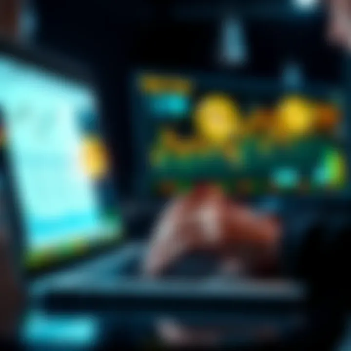 A graphic showing a person analyzing Litecoin investment options on a laptop with charts and price tags for different platforms