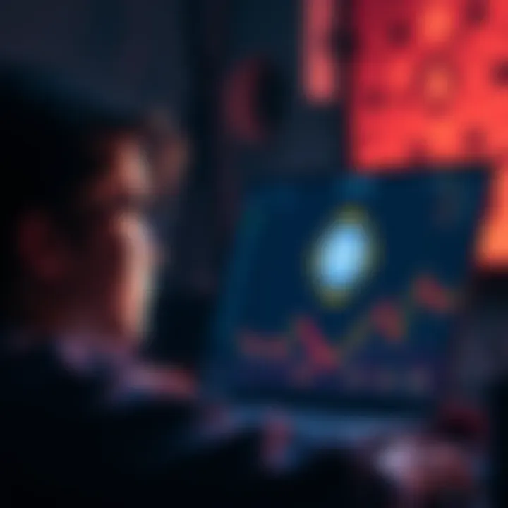 A young person looking at a computer screen with cryptocurrency charts and Solana logo, exploring how to purchase Solana without identity verification.