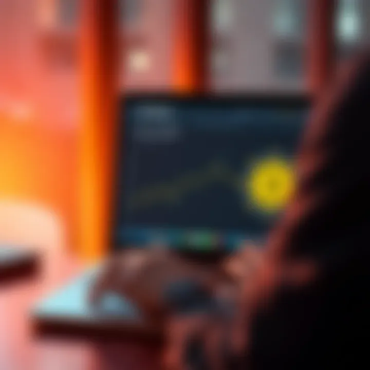 A person using a laptop to buy USDC on Coinbase, with an Exodus wallet interface on the screen, symbolizing digital currency transactions.