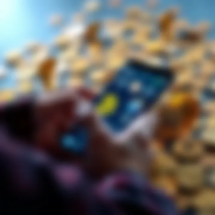 A person using a smartphone to buy bitcoin with a user-friendly app, surrounded by digital coins.