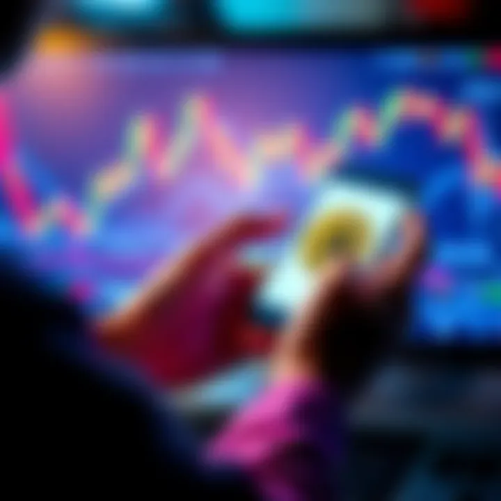 A person using a smartphone to buy Bitcoin on a user-friendly platform with financial graphs in the background.