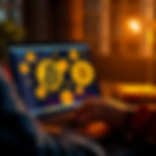 A person using a laptop with Bitcoin symbols on the screen, representing private Bitcoin purchases without KYC requirements.