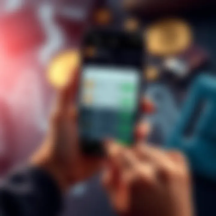 Person holding a smartphone displaying Bitcoin and USDT exchange options with a wallet in the background