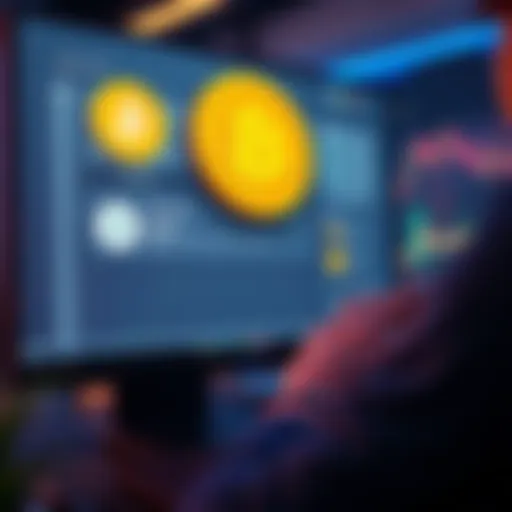 A person on a computer screen exploring options to buy Bitcoin using USDT without KYC verification, showing digital wallet interfaces and currency symbols.