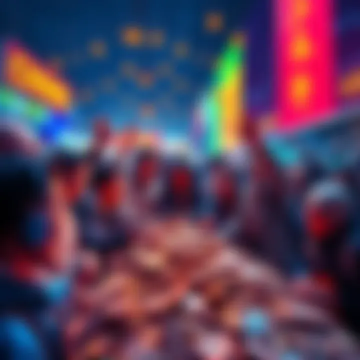 People eagerly gathering coins as market prices drop, showing excitement and engagement.