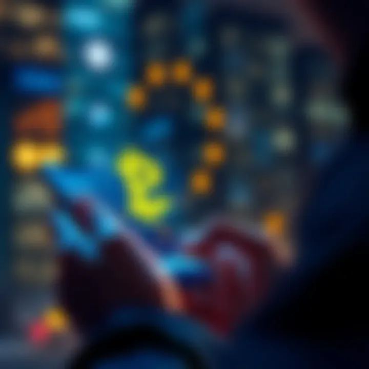 A person using a smartphone to purchase cryptocurrency without ID verification in the EU, with digital coins displayed on the screen.