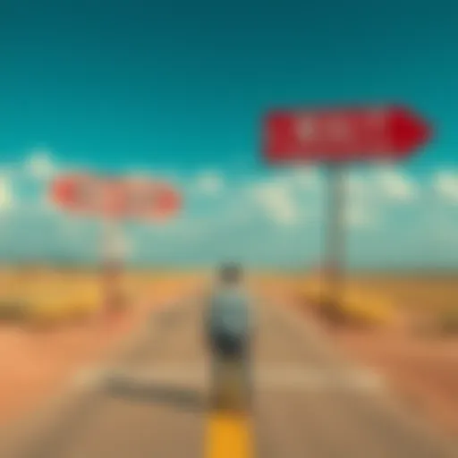 A person standing at a crossroads, contemplating whether to buy now or wait for better options, with signs pointing in different directions.