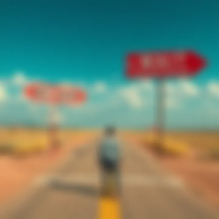 Buying Decision A person standing at a crossroads, contemplating whether to buy now or wait for better options, with signs pointing in different directions.