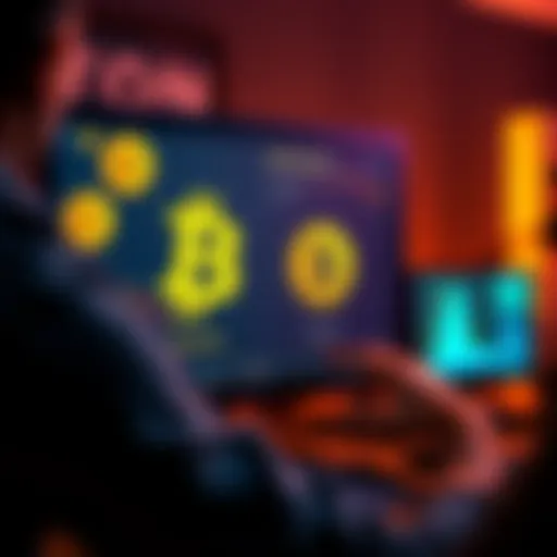 A graphic showing a person purchasing fractional Bitcoin on a computer screen, with Bitcoin symbols and Binance logo visible