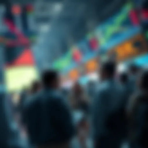 A group of people discussing cryptocurrency purchases, focused on $PLS, amidst a backdrop of financial charts and screens showing market data.