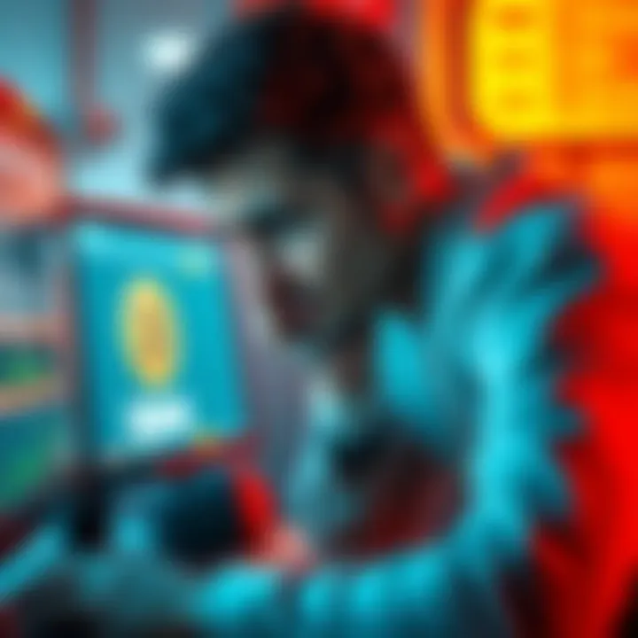 A frustrated user looking at a computer screen displaying a ban notification from Bybit Pay Points, symbolizing user dissatisfaction.